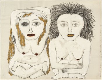 Zeichnung von zwei nackten sitzenden Menschen
