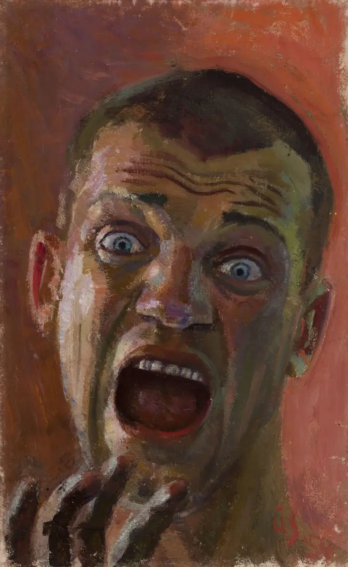 Portrait eines Mannes mit weit aufgerissenen Augen und Mund