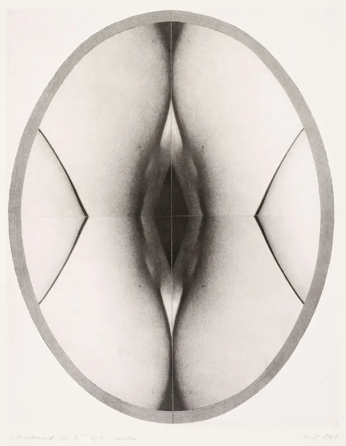 Grafik mit einer doppelt gespiegelten Fläche, in der Mitte ein schwarzes Loch