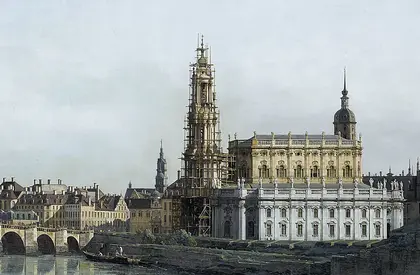 Bernardo Bellotto, Dresden vom rechten Elbufer unterhalb der Augustusbrücke, 1748 Silhouette von Dresdner Bauwerken vom Elbufer aus