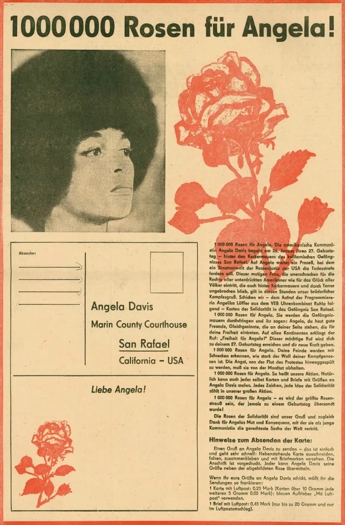 "1000000 Rosen für Angela!" Postkartenvorlage, 1971